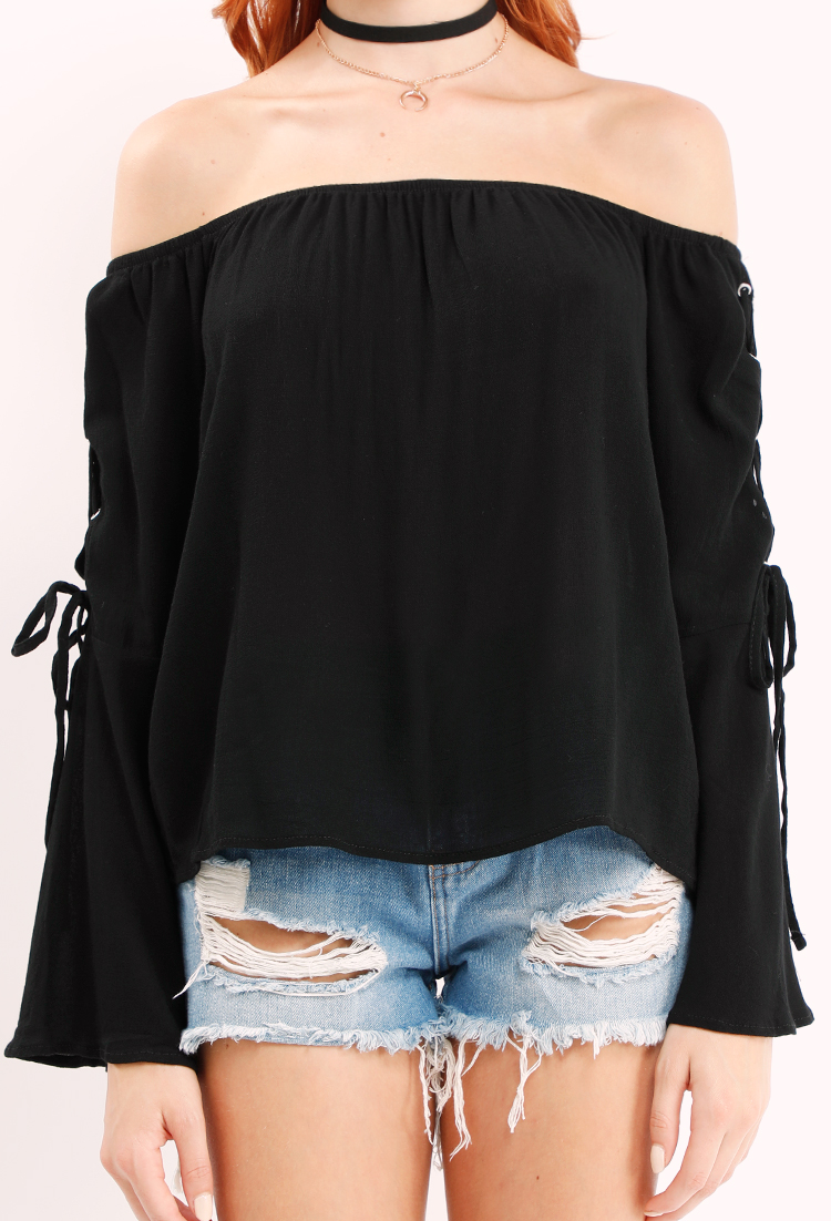 Bell-Sleeve Lace-Up Off-The-Shoulder Top