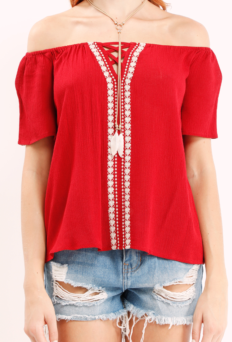 Embroidered Crisscross-Front Off-The-Shoulder Top