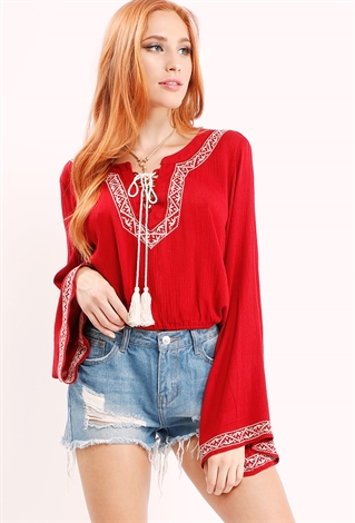 Embroidered Bell-Sleeve Tassel Top