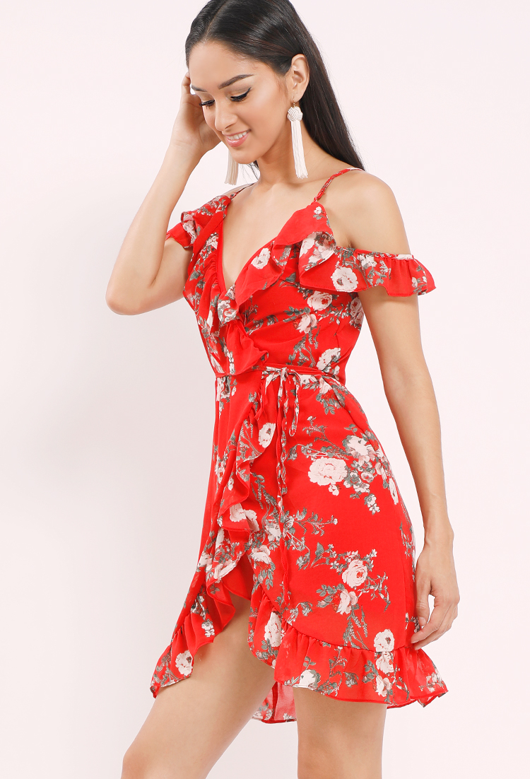 Floral Printed Open-Shoulder Wrap Dress