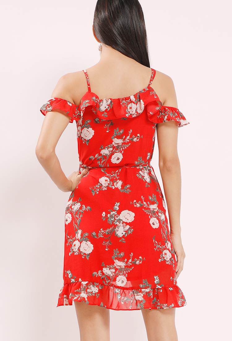Floral Printed Open-Shoulder Wrap Dress