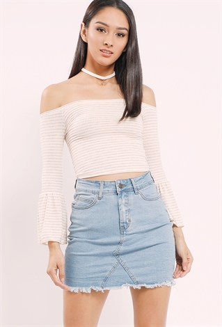 Striped Bell-Sleeve Off-The-Shoulder Top W/ Necklace