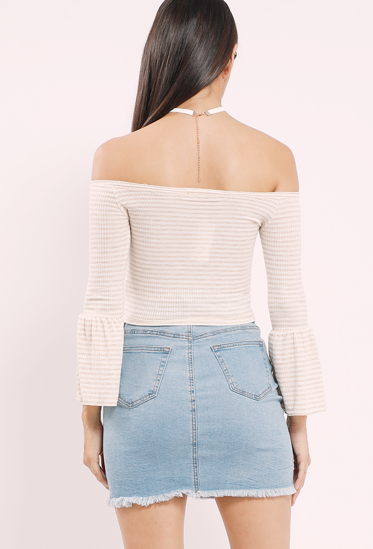 Striped Bell-Sleeve Off-The-Shoulder Top W/ Necklace