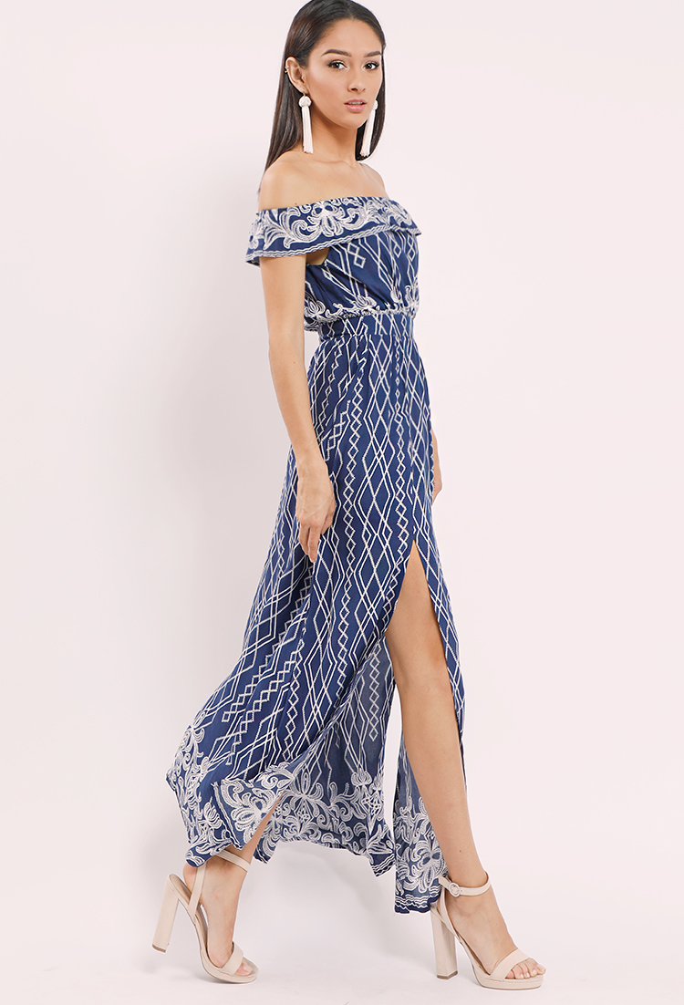 Ornate Print Off-The-Shoulder Maxi Dress