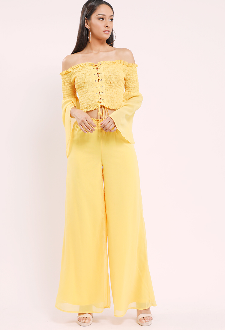 Smocked Off-The-Shoulder Top & Palazzo Pant Set