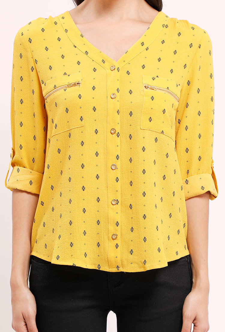 Abstract Printed Zipper Pocket Button-Up Blouse