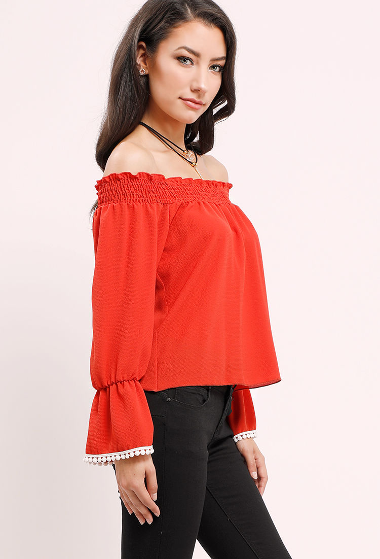 Off-The-Shoulder Bell-Sleeve Top W/Necklace