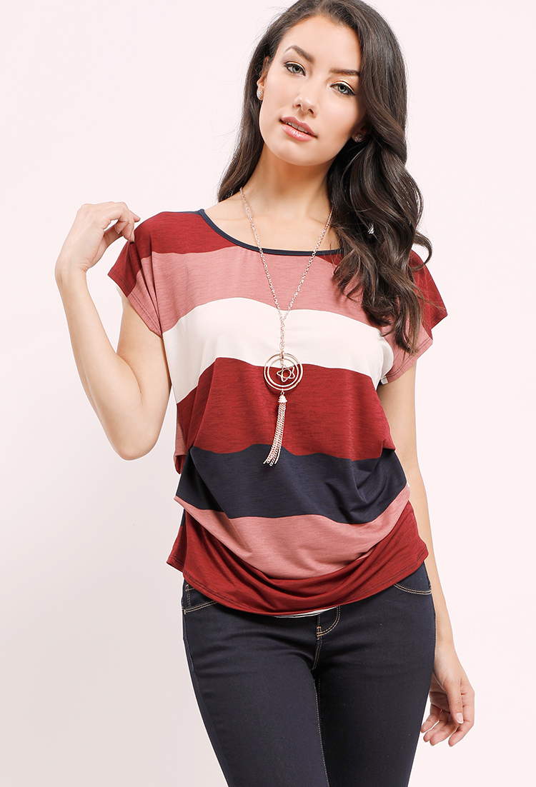 Ruched Striped Colorblock Top W/Necklace