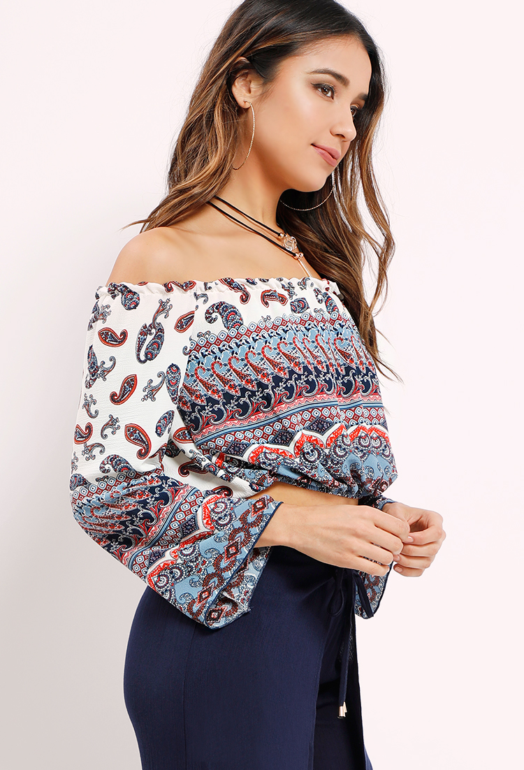 Abstract Print Off-The-Shoulder Crop Top W/ Necklace