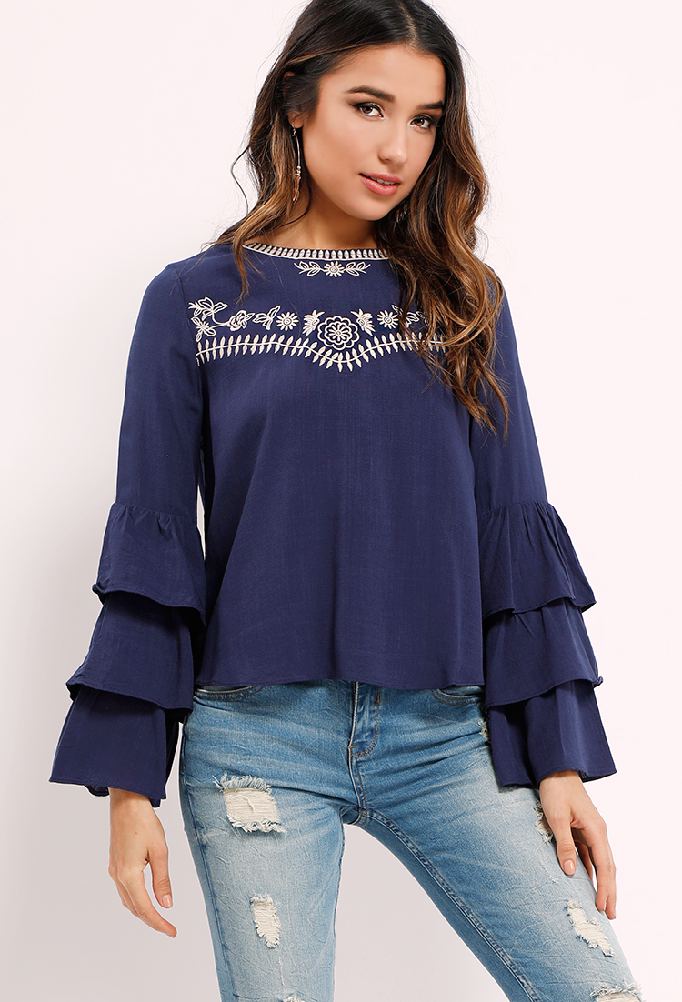 Crochet-Trimmed Layered Bell-Sleeve Top