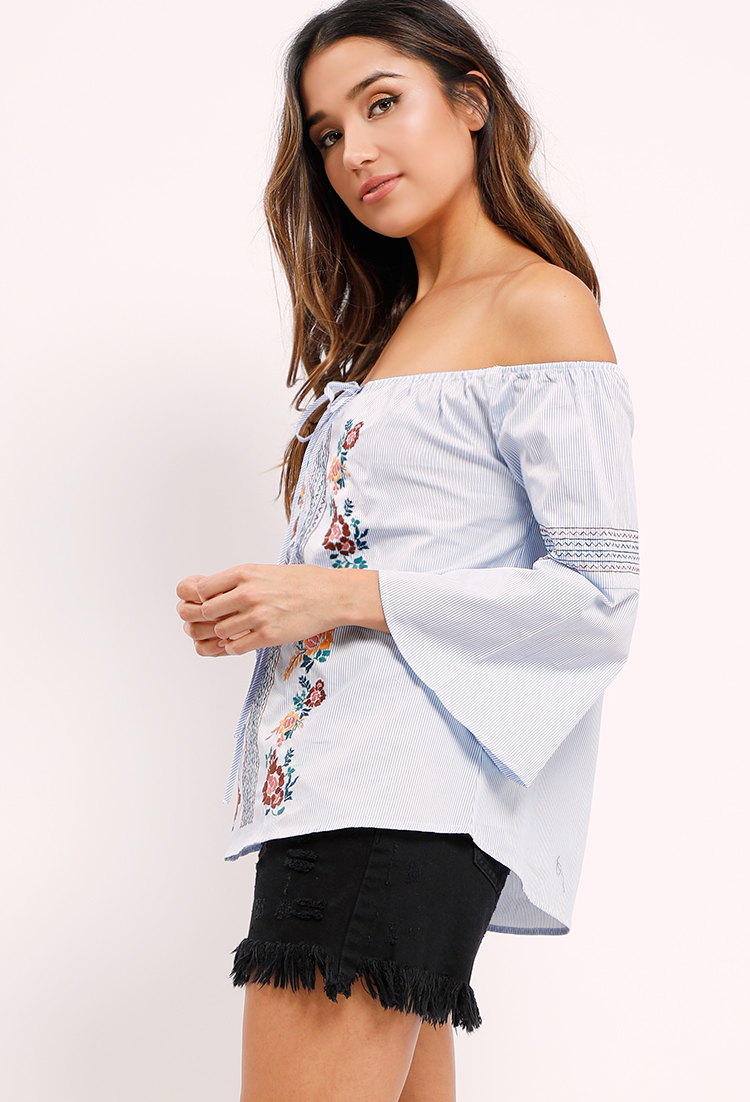 Striped Floral Embroidered Off-The-Shoulder Top