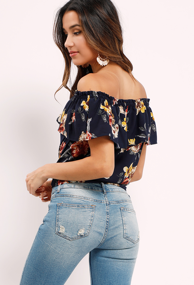Floral Printed Off-The-Shoulder Flounce Tie-Front Top