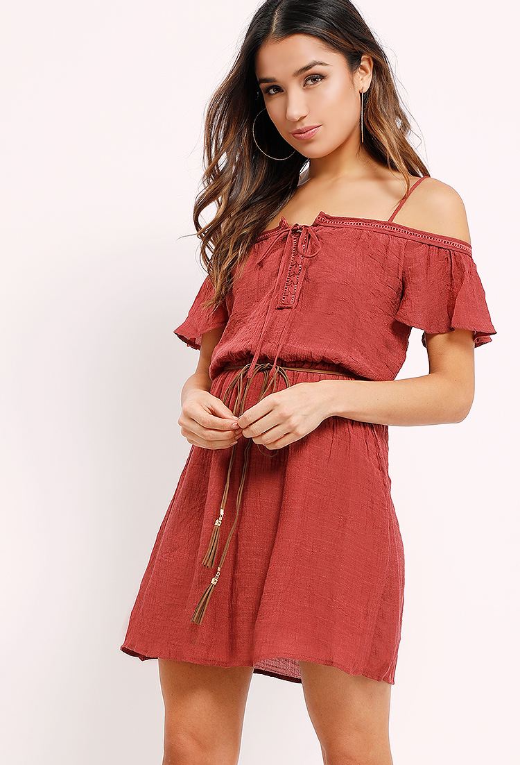 Open-Shoulder Crochet-Trimmed Crinkled Dress
