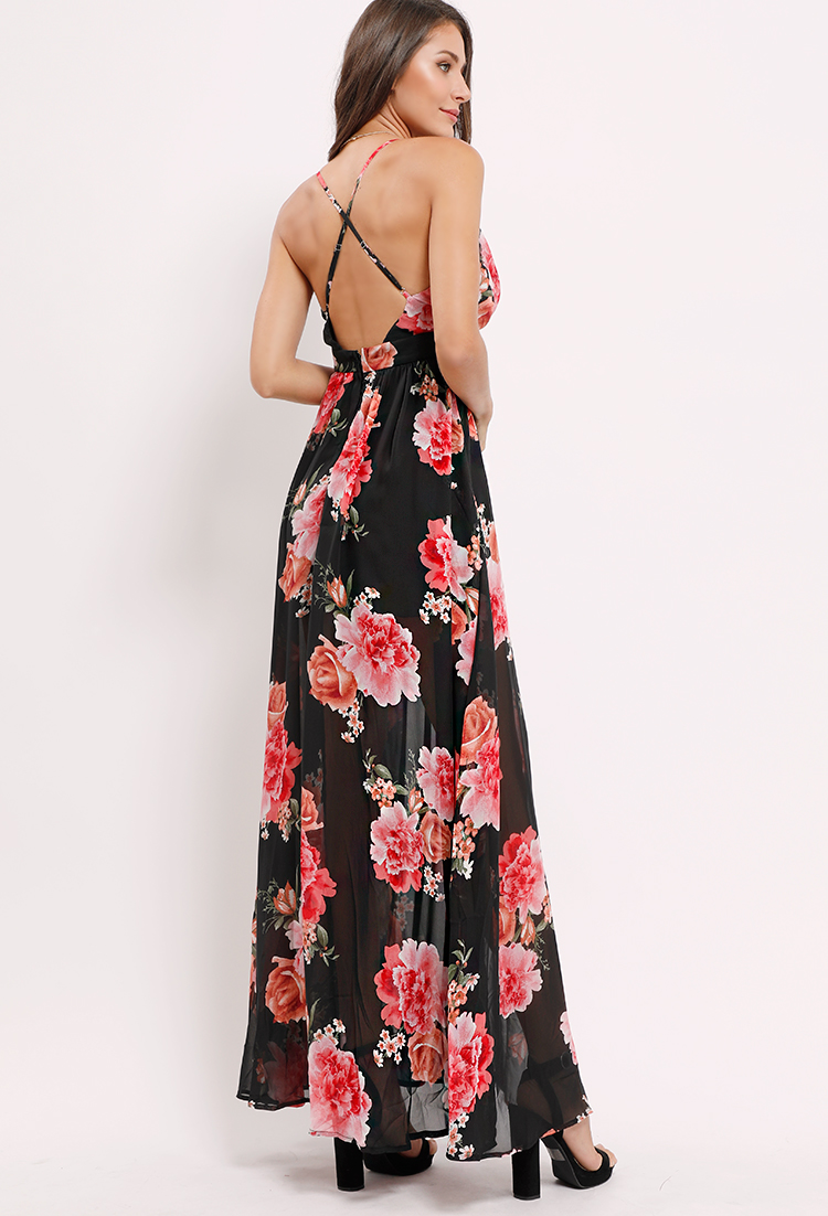 Chiffon Layered Floral Side-Slit Maxi Dress