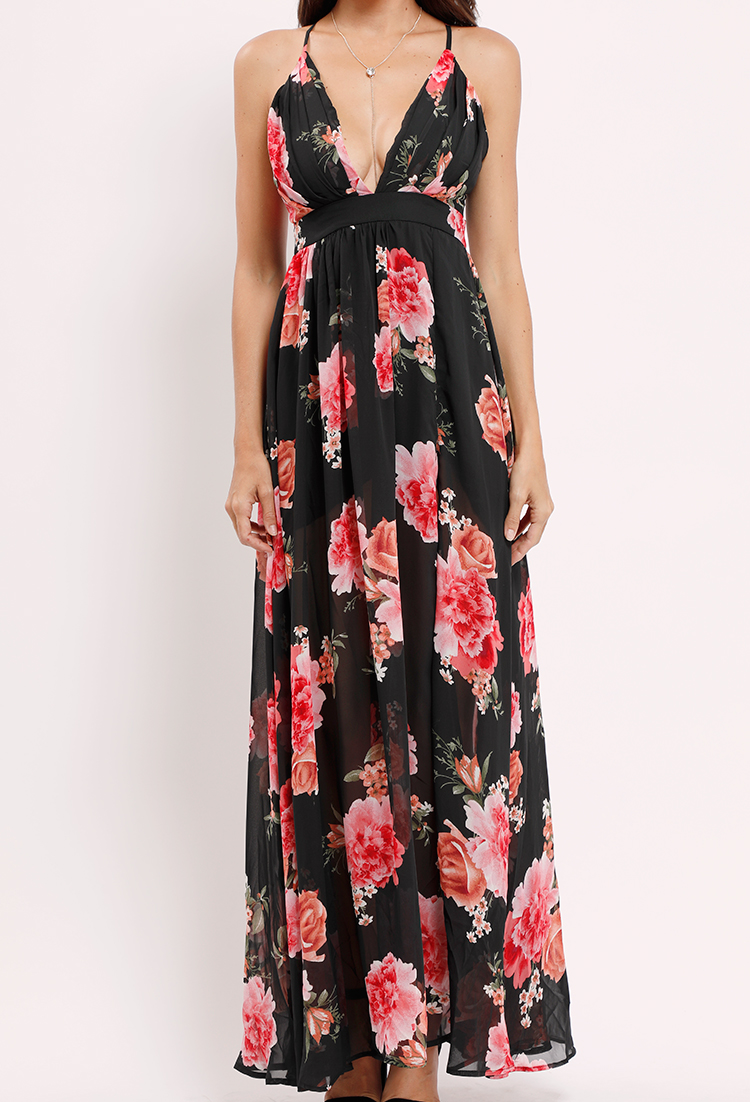 Chiffon Layered Floral Side-Slit Maxi Dress