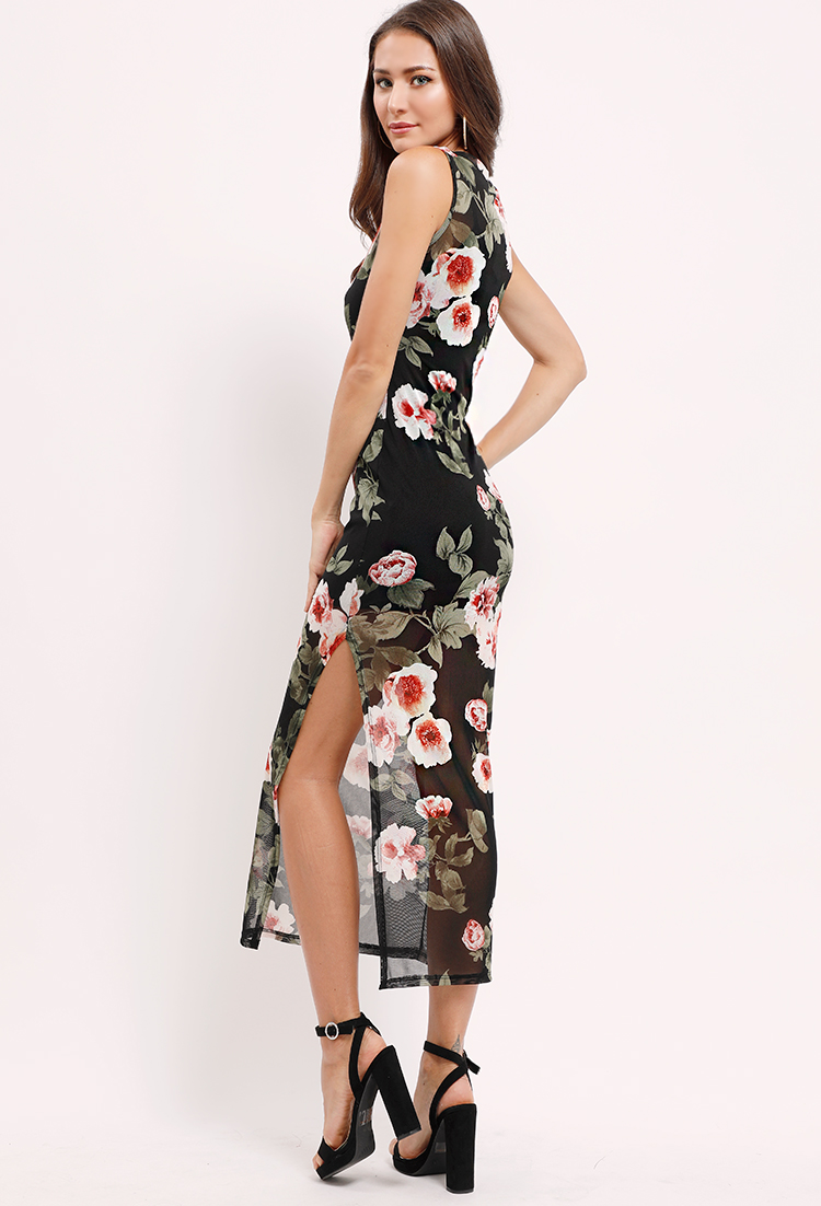 Floral Printed High Slit Midi Bodycon Dress