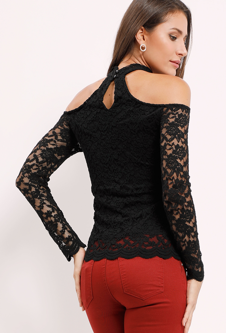 Lace-Paneled Choker Neck Off-The-Shoulder Top