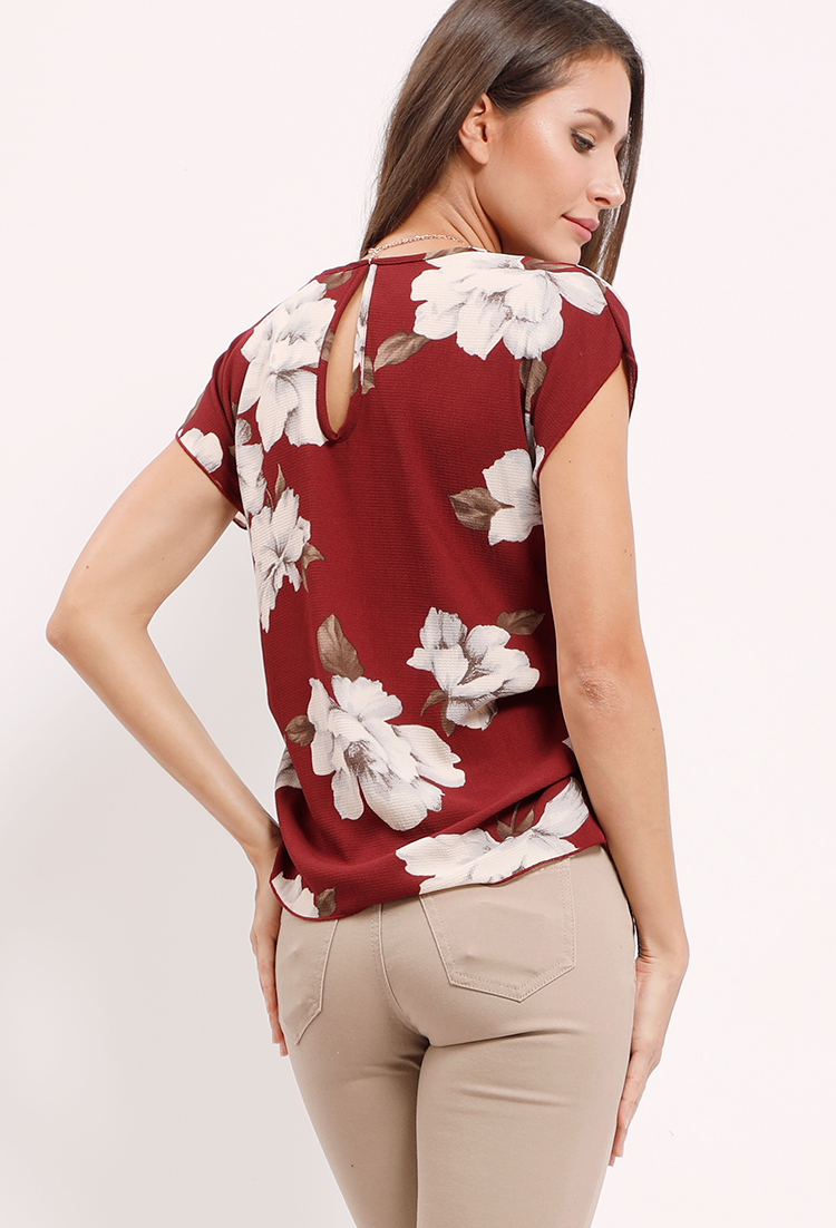 Floral Printed Ruched Blouse W/Necklace 