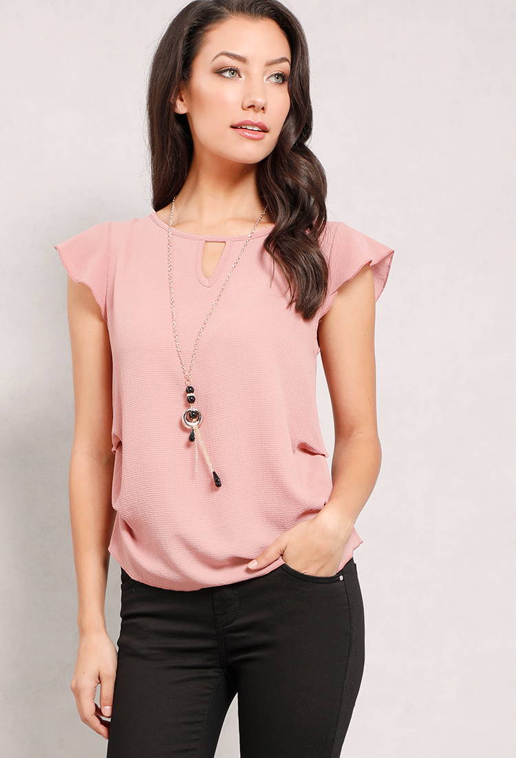 Ruched Cap-Sleeve Top W/Necklcae