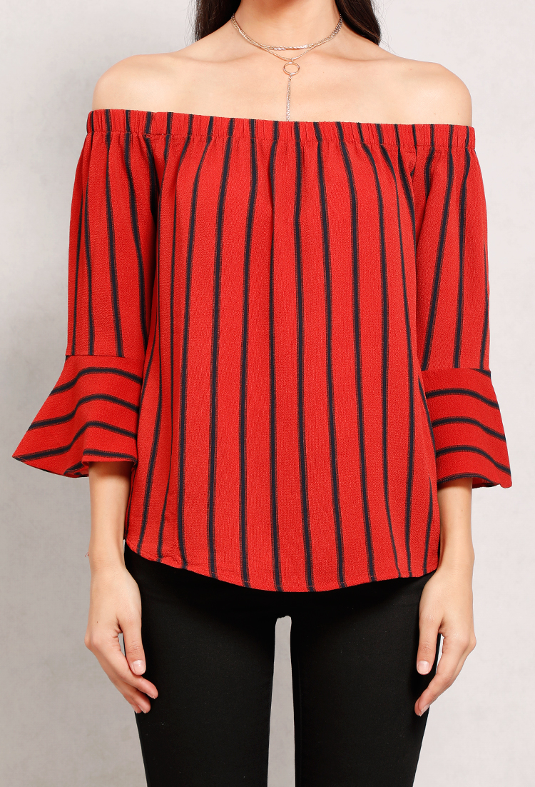 Off-The-Shoulder Striped Bell-Sleeve Top