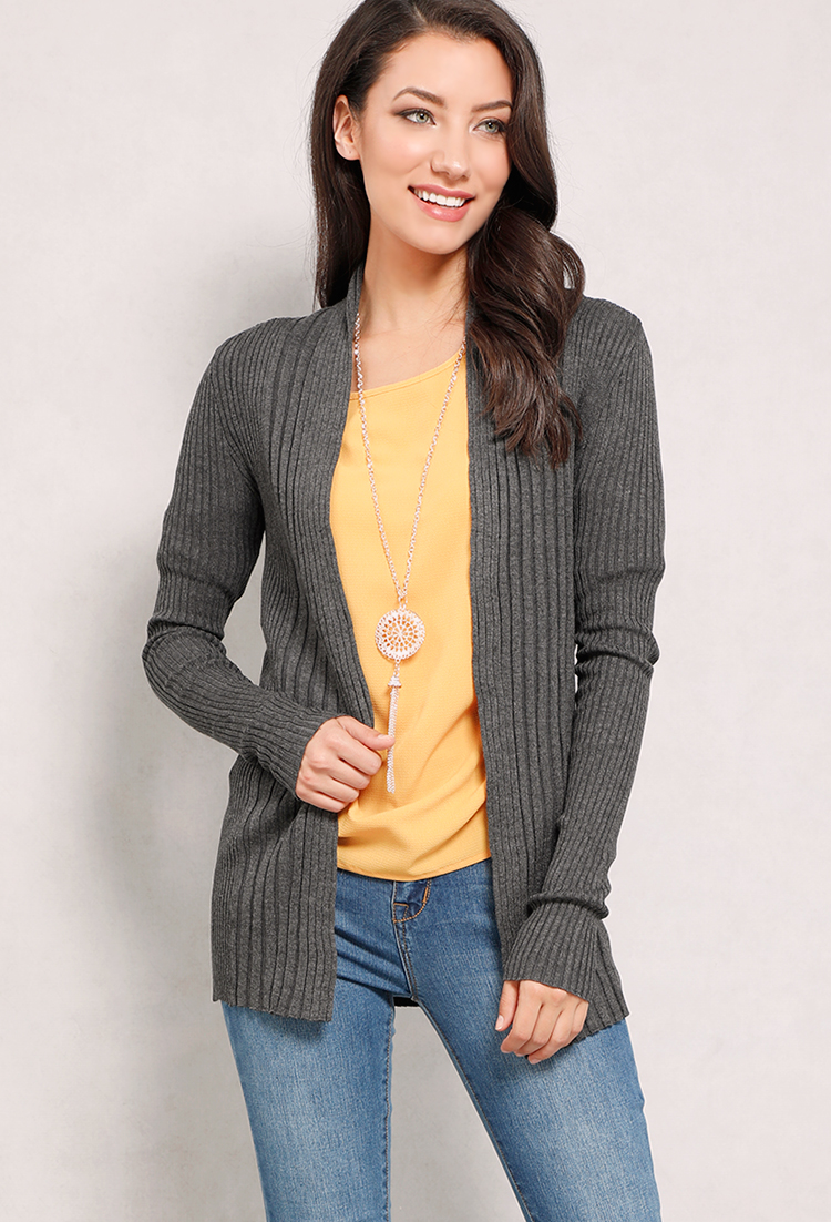 Ribbed Open-Front Knit Cardigan