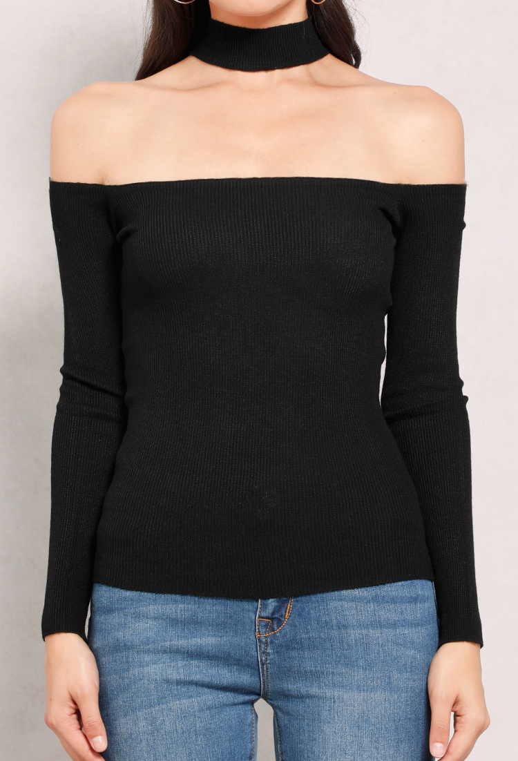 Ribbed Off-The-Shoulder Choker-Neck Sweater