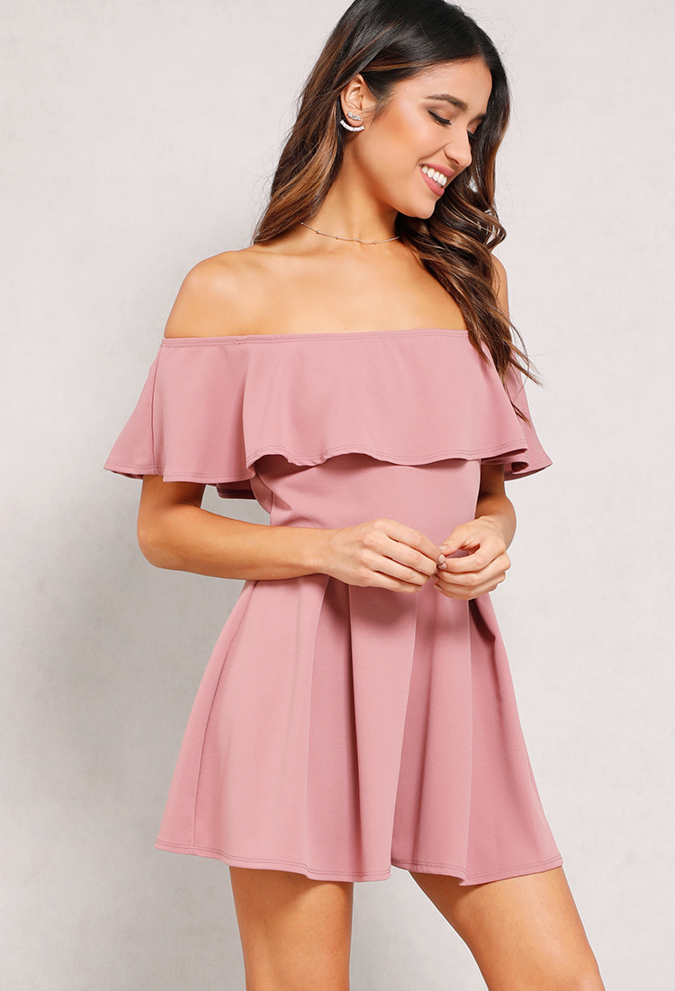 Flounce Fit And Flare Off-The-Shoulder Romper