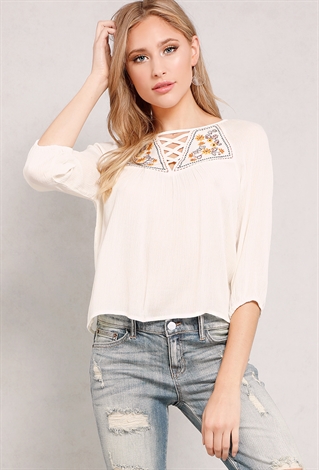 Lace-Up Embroidered Top