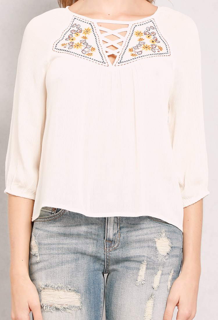 Lace-Up Embroidered Top