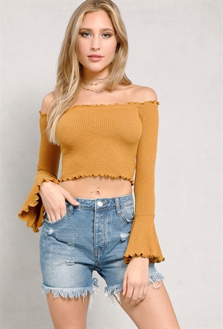 Ribbed Off-The-Shoulder Cropped Bell-Sleeve Top