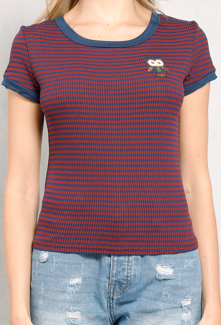 Striped Owl Graphic Ringer Tee