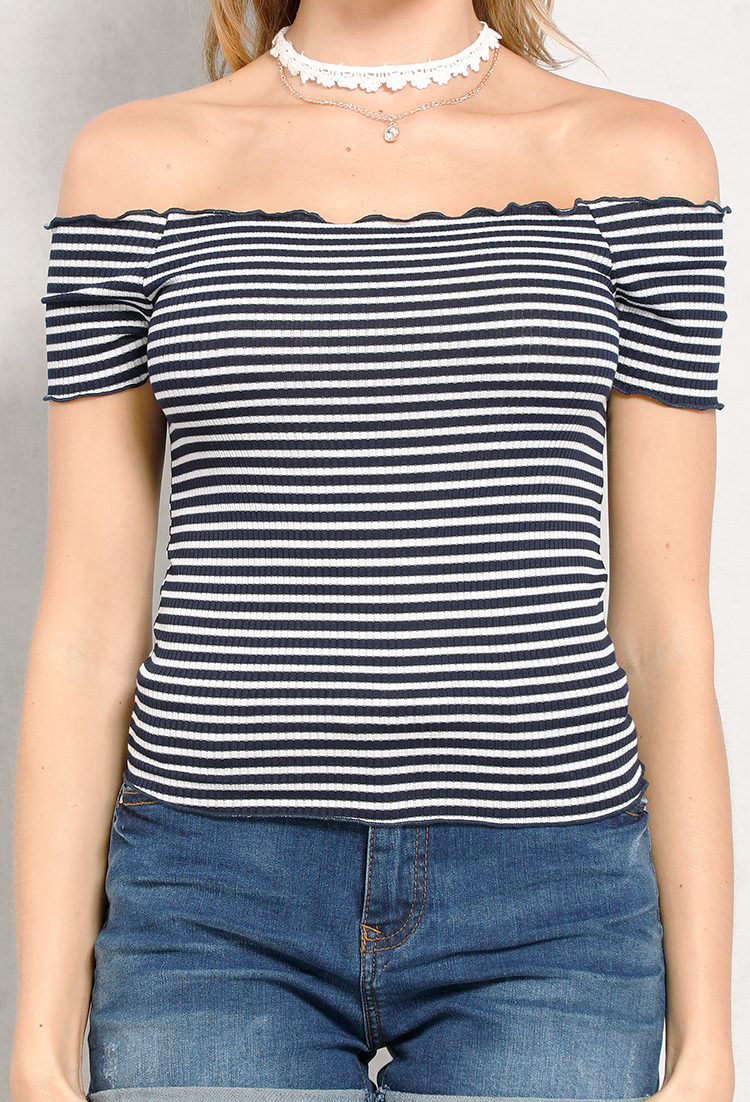 Striped Off-The-Shoulder Top W/Necklace