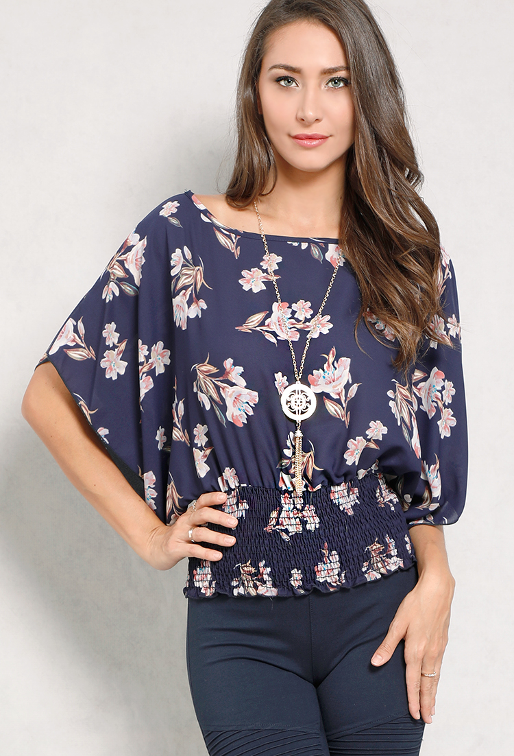 Smocked Floral Batwing Top W/ Necklace