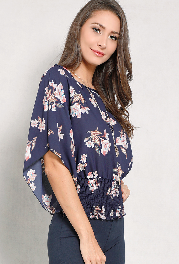 Smocked Floral Batwing Top W/ Necklace