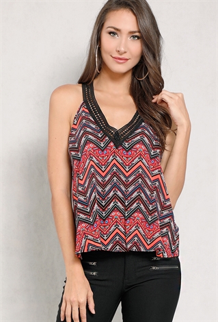 Abstract Print Crochet-Trimmed V-Neck Top