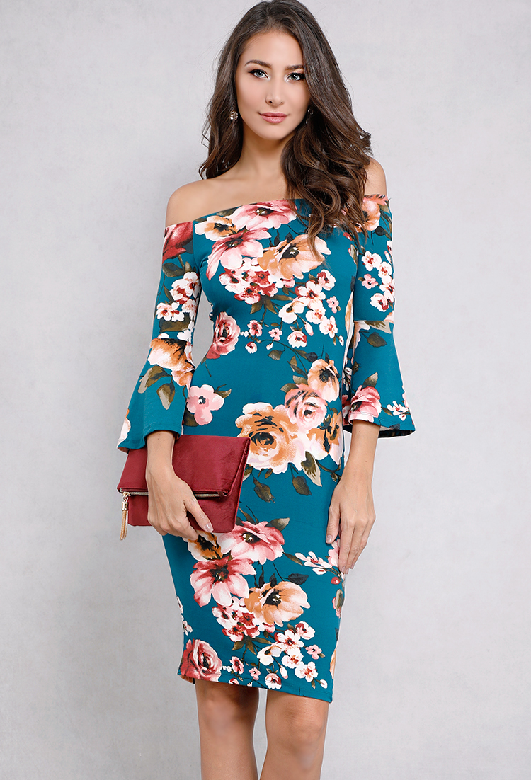 Off-The-Shoulder Floral Bell-Sleeve Bodycon