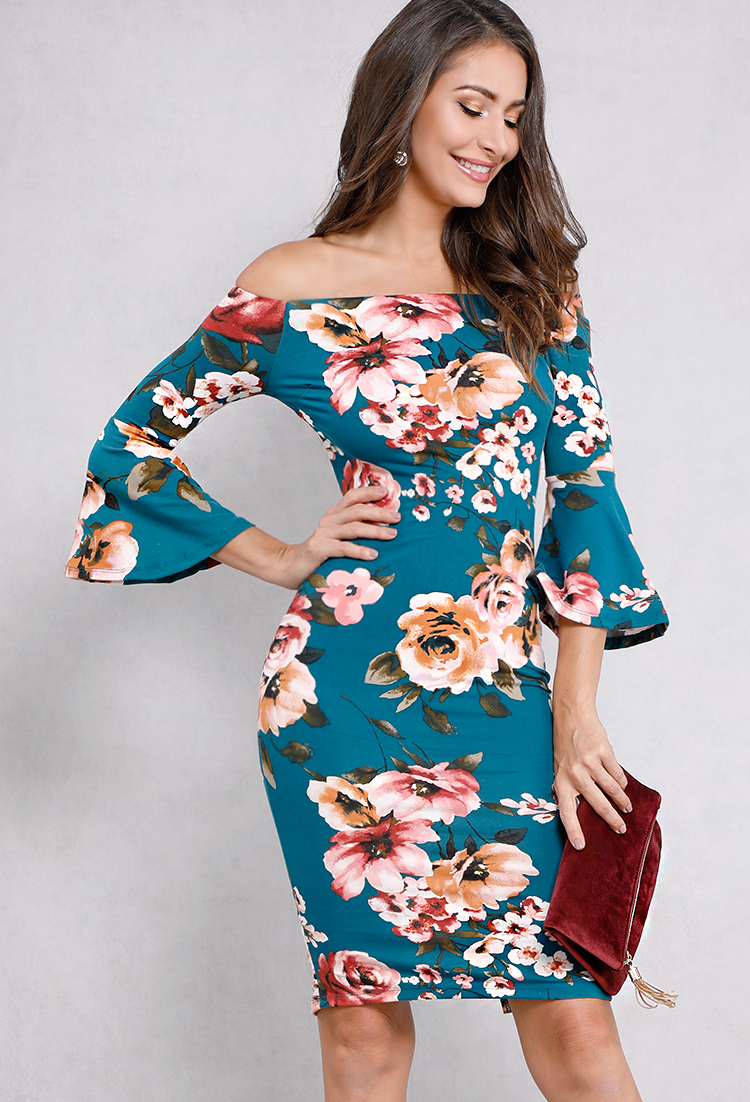 Off-The-Shoulder Floral Bell-Sleeve Bodycon