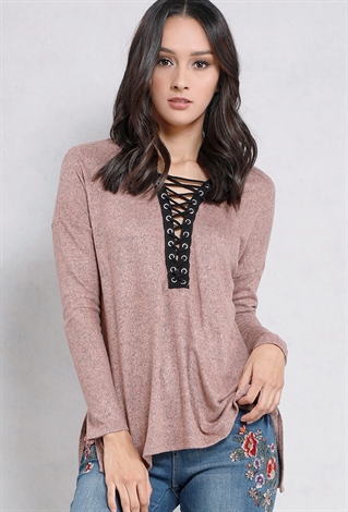 Lace-Up Marled Knit Top