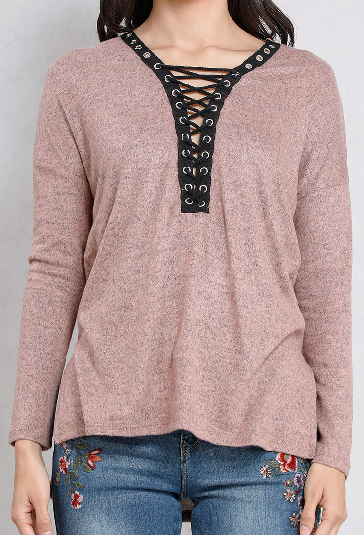 Lace-Up Marled Knit Top