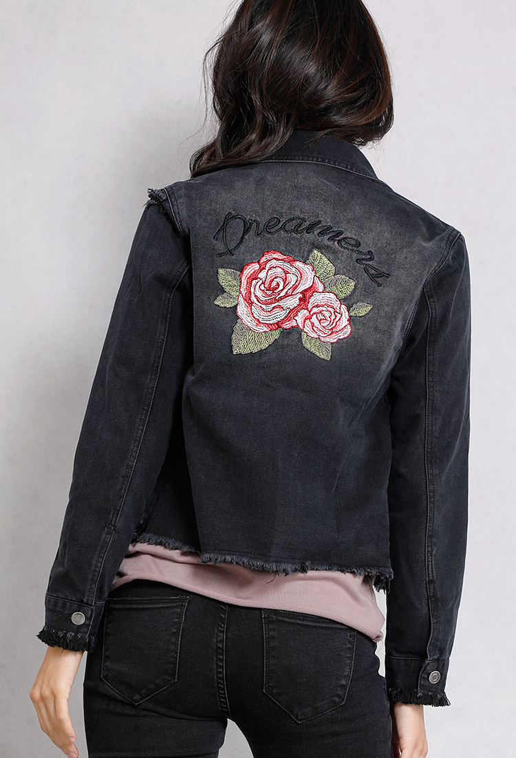 Rose Embroidered Dreamers Distressed Denim Jacket