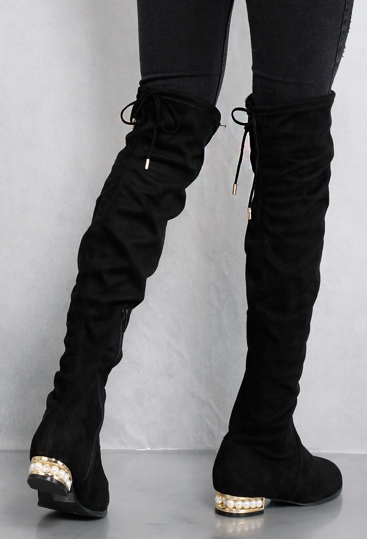 Faux Pearl Detailed Heel  Thigh-High Boots