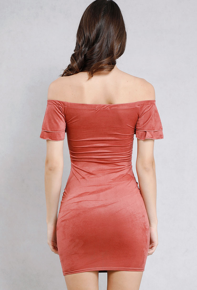 Off-The-Shoulder Ruffle Sleeve Suede Bodycon With Feather Bow