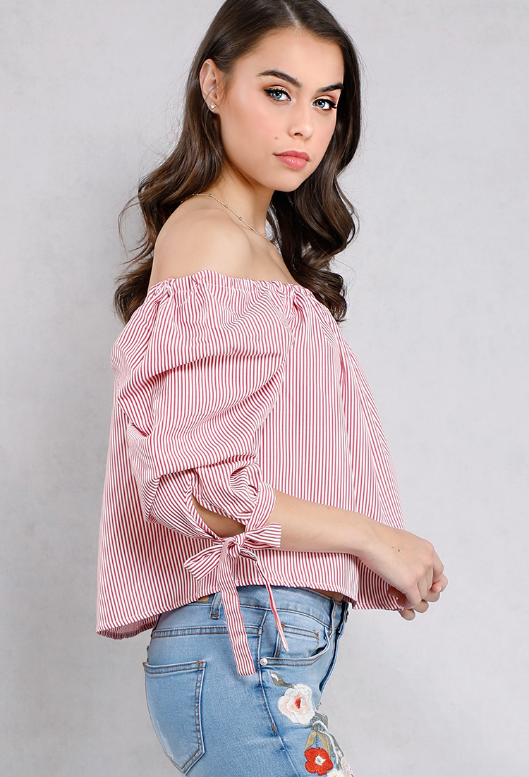 Striped Puffy Sleeve Off-The-Shoulder Top