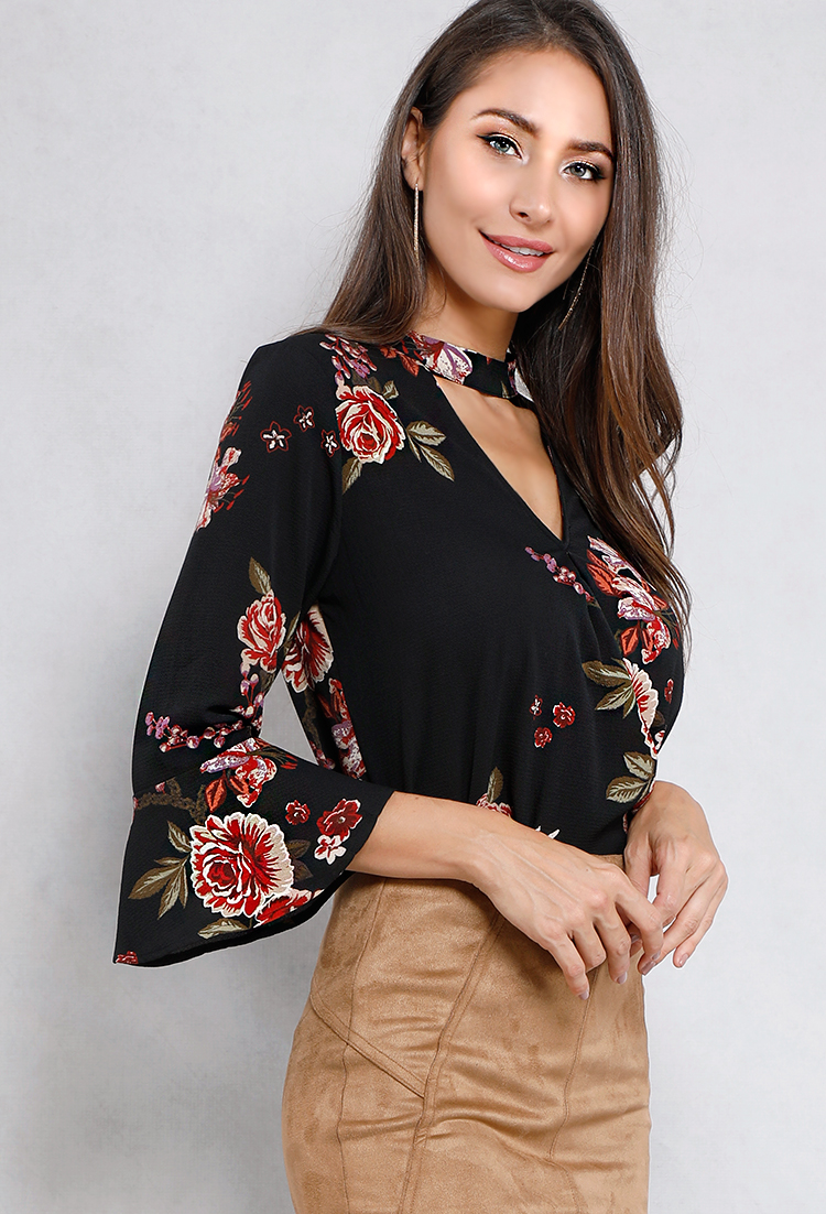 Floral Printed Cut-Out Bell-Sleeve Top