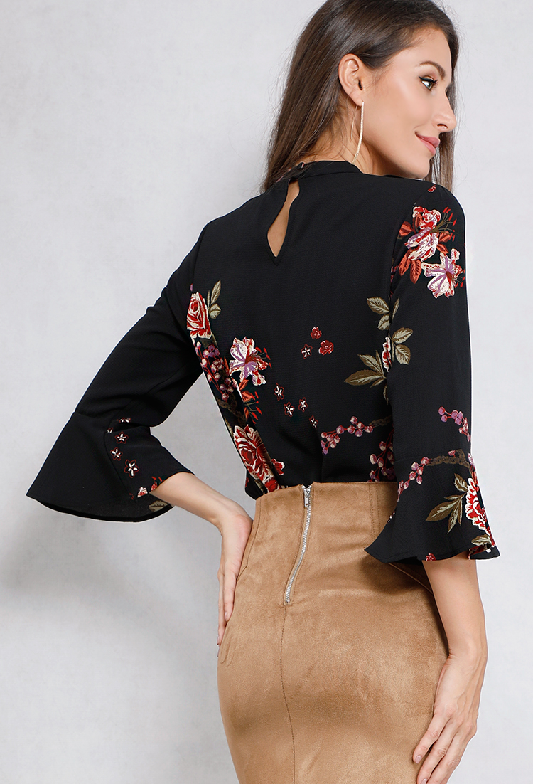 Floral Printed Cut-Out Bell-Sleeve Top