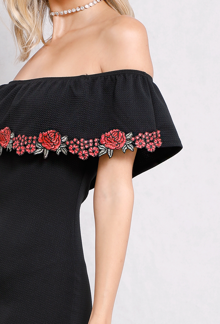 Floral Applique Off-The-Shoulder Flounce Dress