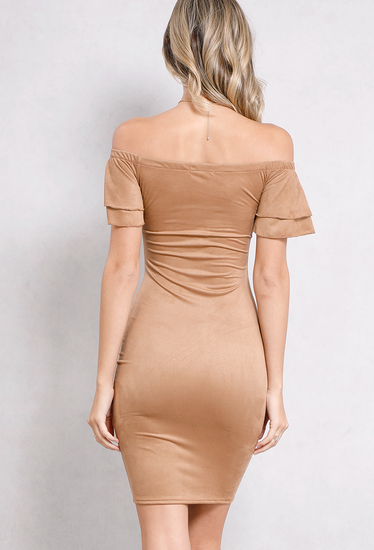 Off-The-Shoulder Ruffle Sleeve Suede Bodycon With Feather Bow