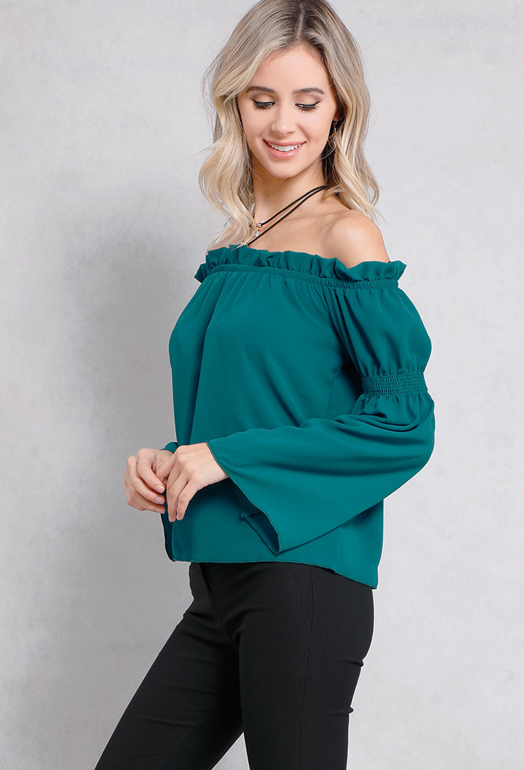 Off-The-Shoulder Frill Trim Top W/ Necklace