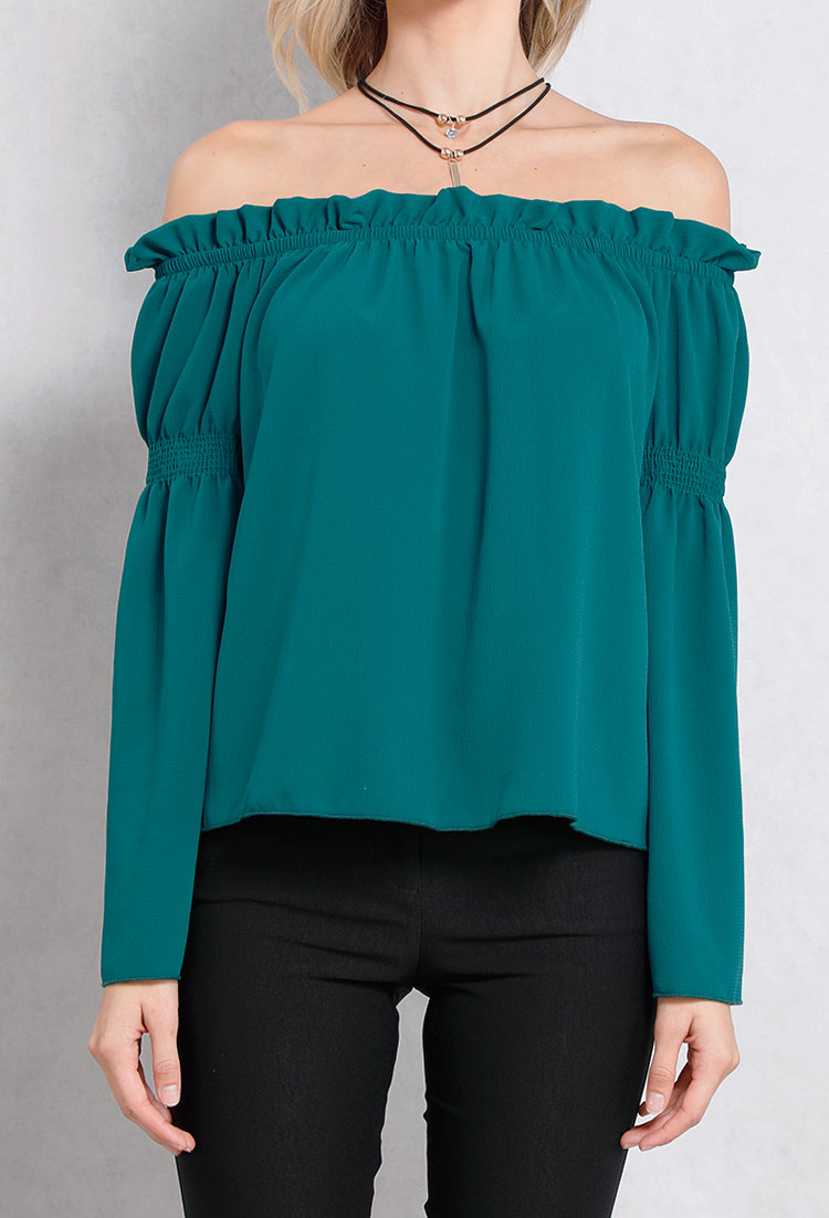 Off-The-Shoulder Frill Trim Top W/ Necklace