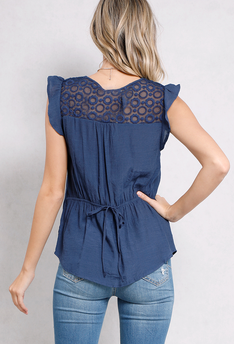 Embroidered Mesh Paneled Cap-Sleeve Top
